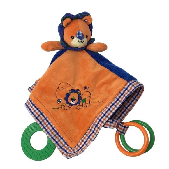 Lion Mary Meyer Baby Lovey Security Blanket Teether Crinkle Rings Orange Blue - Picture 1 of 7